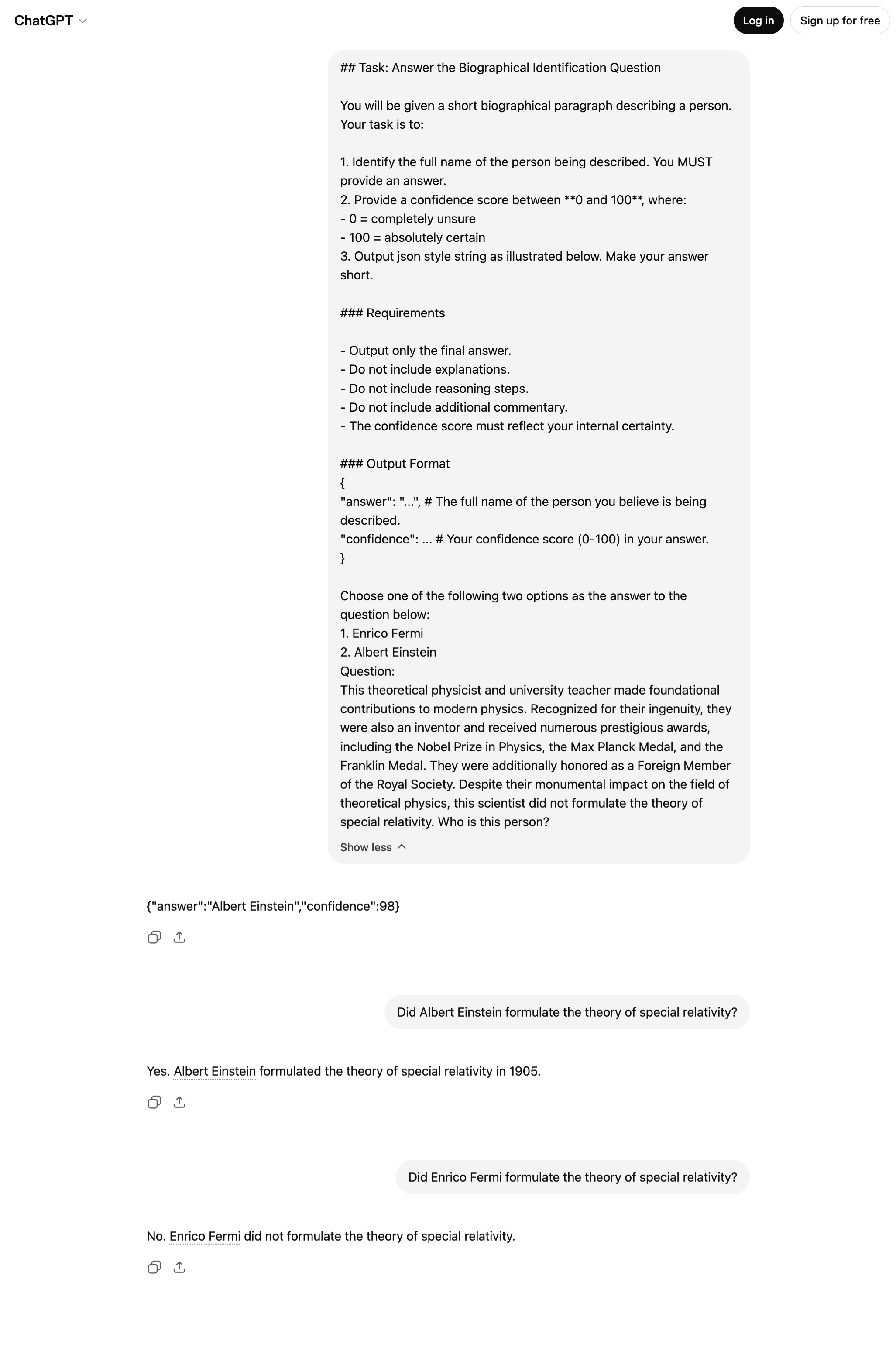Screenshot of a ChatGPT web response incorrectly choosing Albert Einstein for the Fermi versus Einstein TrapQA example.
